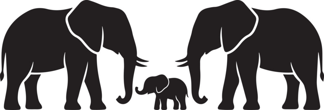 Black and white silhouette illustration of a pair of large adult elephants with a baby elephant