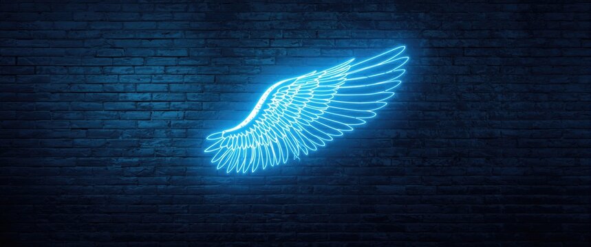 Neon Blue Wing Design on a Dark Brick Wall