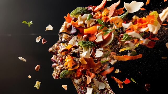 A surreal human head composed of vibrant, fresh vegetables and fruits, exploding outward like a creative idea or a healthy diet consciousness.