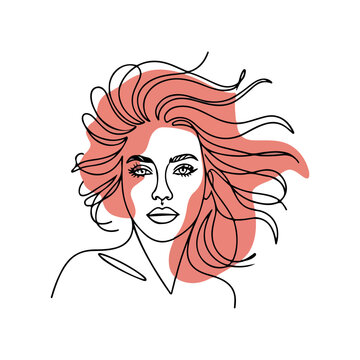 One line art woman face portrait with wavy hair and abstract shape. Continuous line drawing of young woman with blowing hair. Minimalist female face line art vector with coral background. 