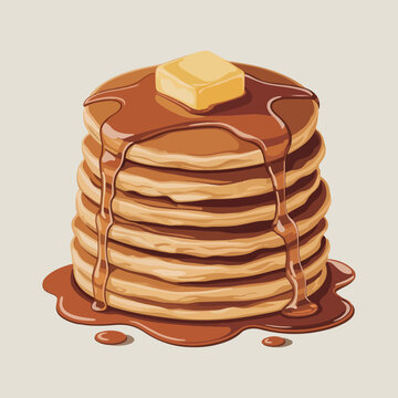 Delicious Stack of Pancakes with Butter and Maple Syrup Vector Illustration. Fresh Stacked Pancakes Dripping with Warm Maple Syrup and Butter. 