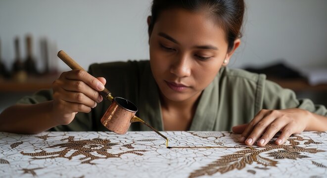 woman creating batik art with wax and dye