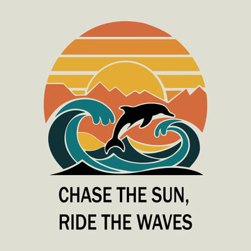 Retro sunset ocean wave with jumping dolphin vector artwork. Vintage t shirt design with dolphin leaping over sea waves. 