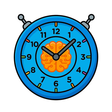 Blue alarm clock icon with orange brain and circuit pattern