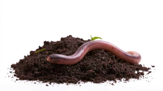 Earthworm crawling on a pile of dark rich soil with a small sprout isolated on white background