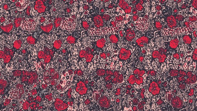 Floral Pattern Design with Red and Pink Flowers on Dark Background