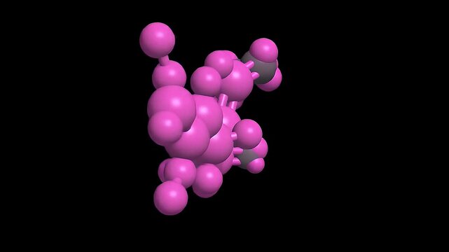 Pink organic molecular model on black background.