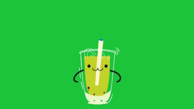 Cute green boba tea character shaking on a green background loop animation beverage cafe concept