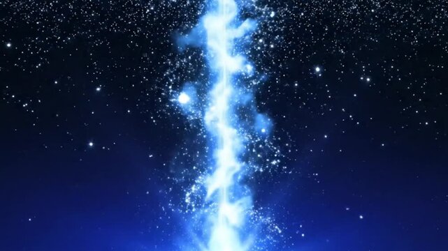 Abstract cosmic background with a bright vertical beam of light and sparkling stars