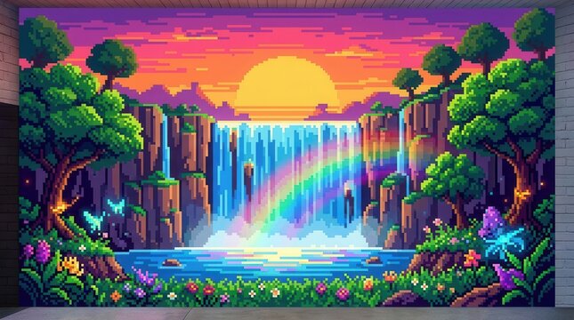 vibrant pixel art waterfall scene with rainbow and sunset