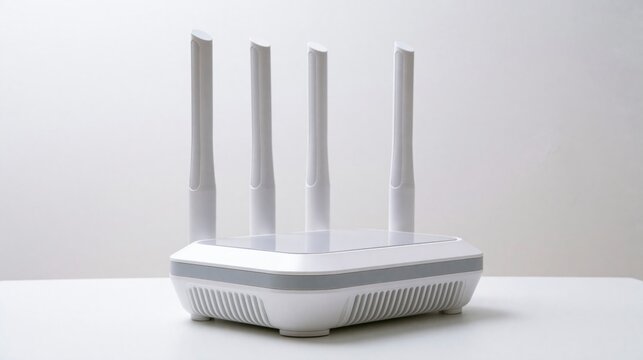 Modern white wireless Wi-Fi router with four high-gain antennas on a white surface