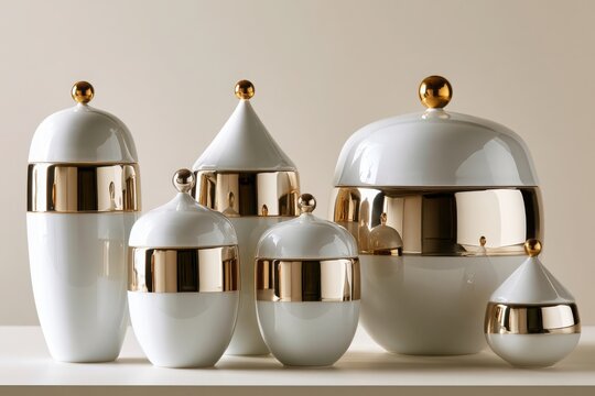 Luxury ceramic jars with gold accents isolated on white background.