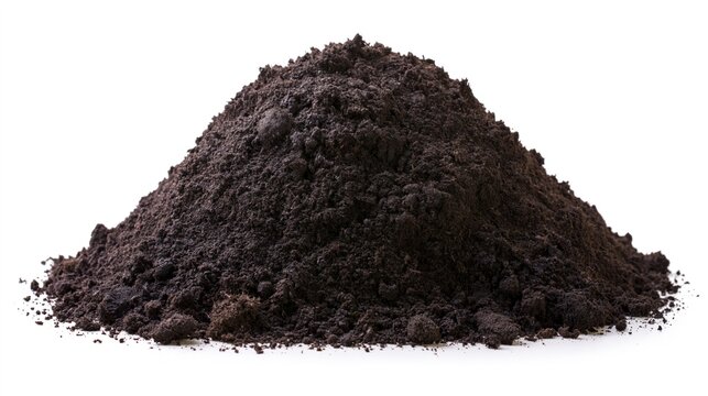 Pile of rich organic dark soil or compost isolated on white background