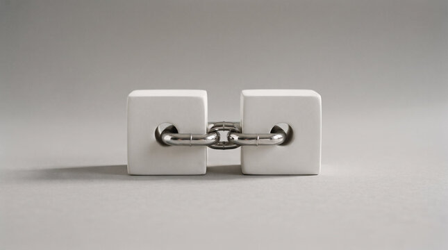 Two white ceramic cubes linked by metal chain in minimalist studio style in monochrome white, silver, and grey tones representing blockchain technology and secure data connection with copy space