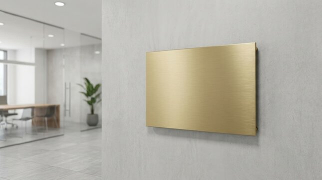 Brushed gold plaque on light textured wall with modern office background