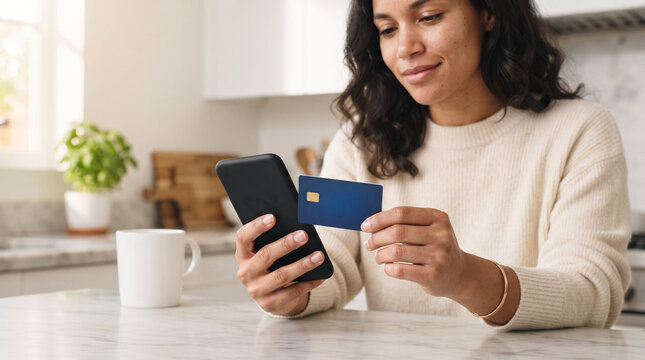 Smiling young woman holding smartphone and credit card conducting online payment security transaction against bright kitchen backdrop