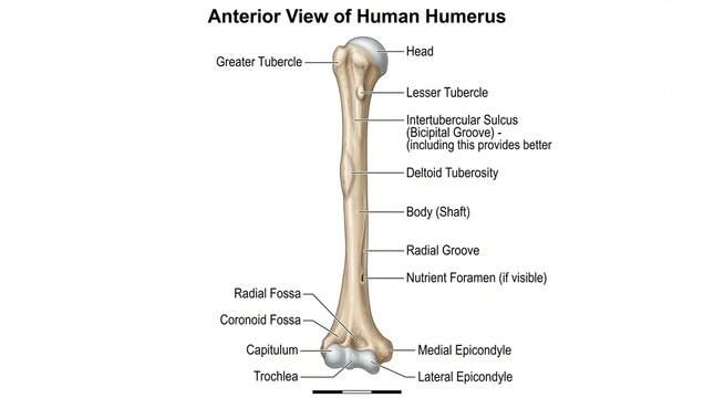 Anterior view of human humerus bone with labeled parts, anatomy education