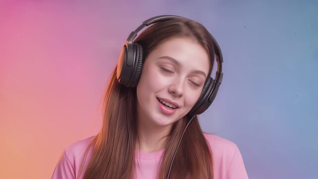 Cheerful woman wearing headphones enjoying music against colorful background. Static medium shot.