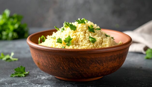 Freshly cooked couscous served in a rustic clay bowl with green herbs.