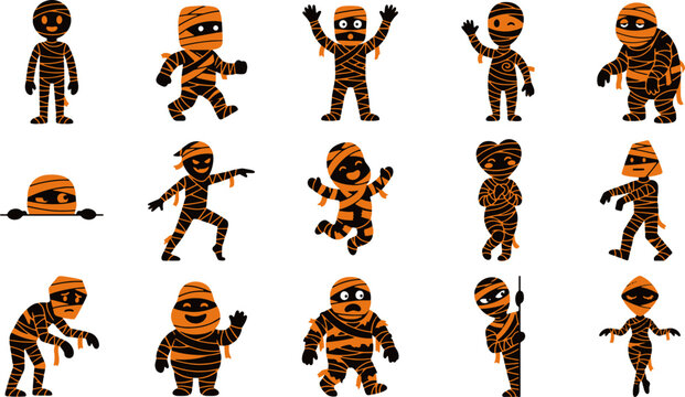 Collection of cartoon mummies in various poses orange and black vector illustration on a white background for halloween