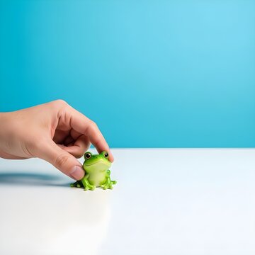 Hand Gently Pushing Bright Green Toy Frog on White Surface