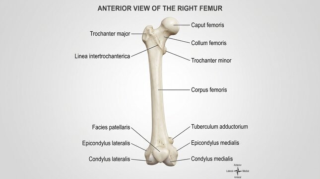 Anterior view of the right femur bone with labeled anatomical structures