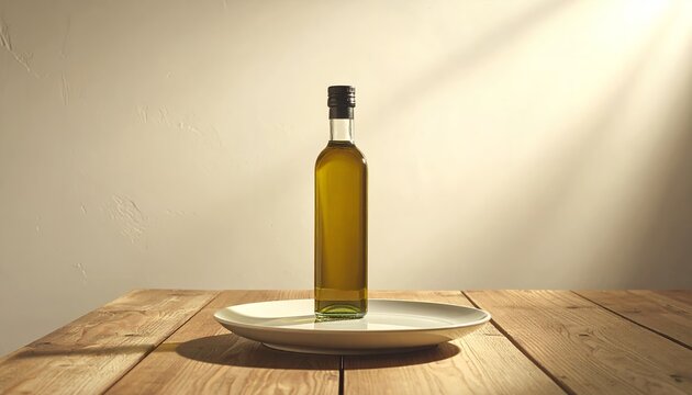 Glass bottle of extra virgin olive oil on a ceramic plate on wooden table.