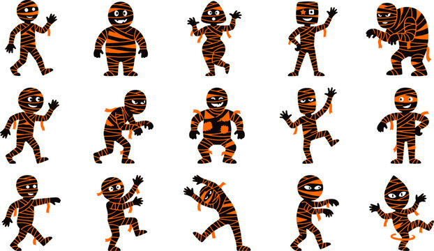 Collection of orange and black mummy characters on a white background for halloween themed designs and illustrations