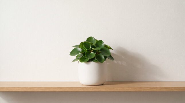 Potted peperomia houseplant in white ceramic pot placed on wooden shelf in minimalist interior style in natural green, brown, and off-white tones with copy space