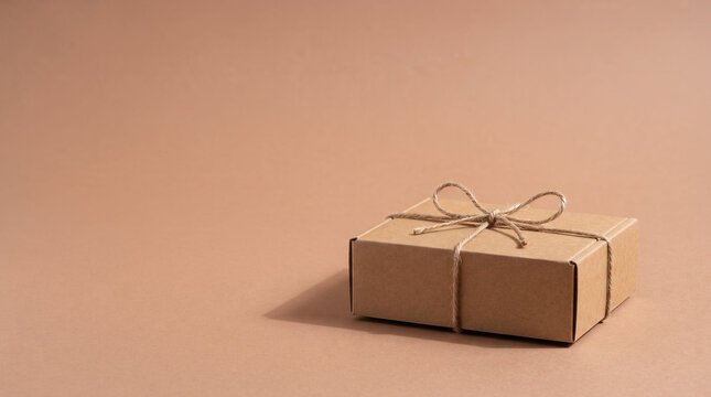 Kraft cardboard box wrapped with jute twine ribbon in minimalist studio style in warm beige and craft brown tones representing eco-friendly packaging and sustainable gift giving with copy space