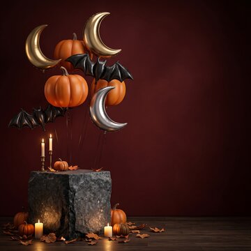 Elegant halloween display with pumpkin and moon balloons rising from dark stone against maroon wall.