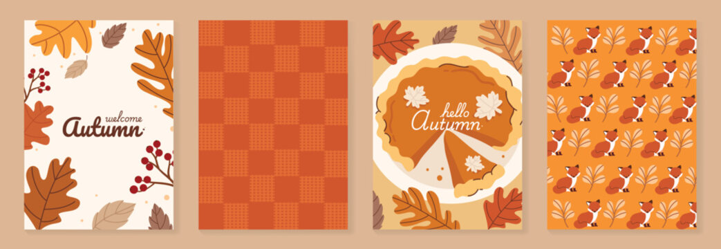 Autumn poster templates and patterns vector set. Seasonal fall illustrations with leaves, pumpkin, flowers and botanical elements for greeting card, cover, print, wall art and background.