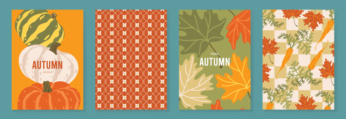 Obraz premium Autumn poster templates and patterns vector set. Seasonal fall illustrations with leaves, pumpkin, flowers and botanical elements for greeting card, cover, print, wall art and background.