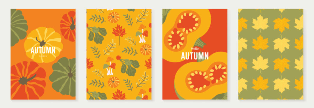 Autumn poster templates and patterns vector set. Seasonal fall illustrations with leaves, pumpkin, flowers and botanical elements for greeting card, cover, print, wall art and background.