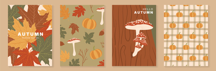 Obraz premium Autumn poster templates and patterns vector set. Seasonal fall illustrations with leaves, pumpkin, flowers and botanical elements for greeting card, cover, print, wall art and background.