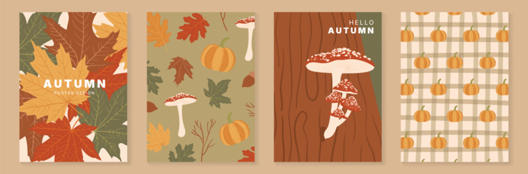 Autumn poster templates and patterns vector set. Seasonal fall illustrations with leaves, pumpkin, flowers and botanical elements for greeting card, cover, print, wall art and background.
