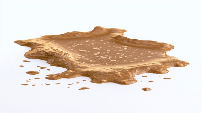 Splattered puddle of liquid brown foundation or mud on a plain white background, macro view.