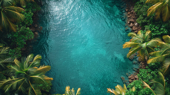 Aerial top view of turquoise ocean and tropical palm trees