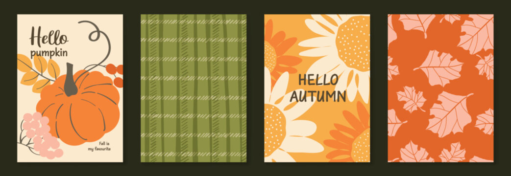 Autumn poster templates and patterns vector set. Seasonal fall illustrations with leaves, pumpkin, flowers and botanical elements for greeting card, cover, print, wall art and background.
