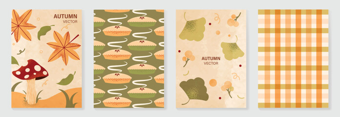 Obraz premium Autumn poster templates and patterns vector set. Seasonal fall illustrations with leaves, pumpkin, flowers and botanical elements for greeting card, cover, print, wall art and background.