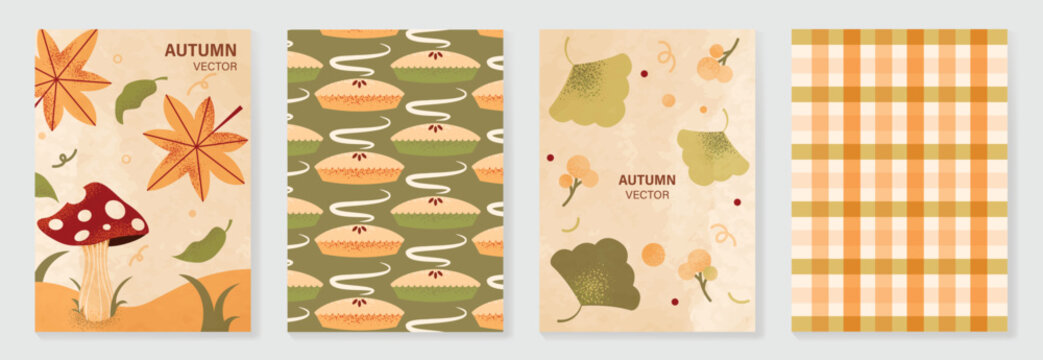 Autumn poster templates and patterns vector set. Seasonal fall illustrations with leaves, pumpkin, flowers and botanical elements for greeting card, cover, print, wall art and background.