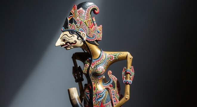 traditional wayang kulit puppet, colorful Indonesian shadow puppet