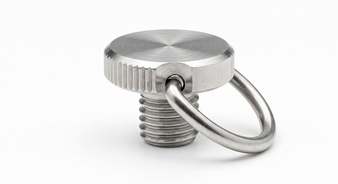 Machined stainless steel 1/4-20 quick release plate D-ring screw with hinged tightening loop, isolated on white.