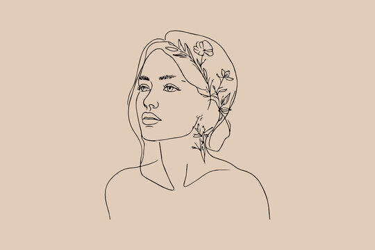 Continuous line art illustration of a beautiful woman portrait decorated with botanical flowers on beige background. 