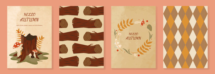 Obraz premium Autumn poster templates and patterns vector set. Seasonal fall illustrations with leaves, pumpkin, flowers and botanical elements for greeting card, cover, print, wall art and background.