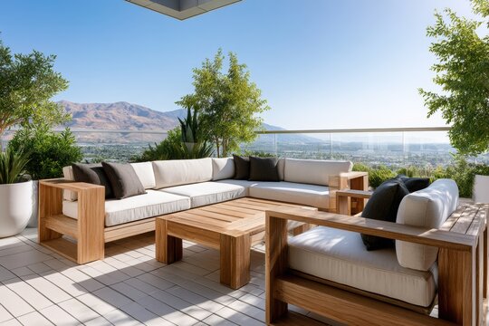 Modern patio furniture on sunny terrace. Luxury resort travel concept.