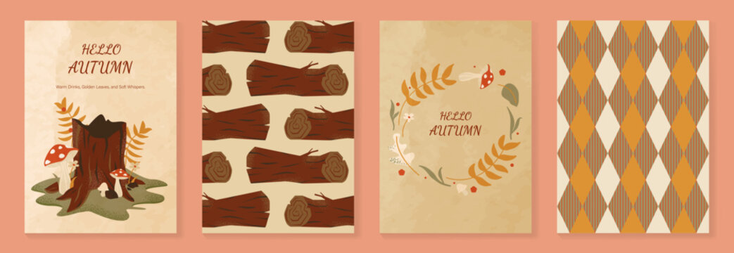 Autumn poster templates and patterns vector set. Seasonal fall illustrations with leaves, pumpkin, flowers and botanical elements for greeting card, cover, print, wall art and background.