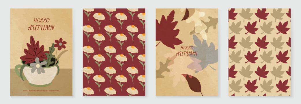 Autumn poster templates and patterns vector set. Seasonal fall illustrations with leaves, pumpkin, flowers and botanical elements for greeting card, cover, print, wall art and background.