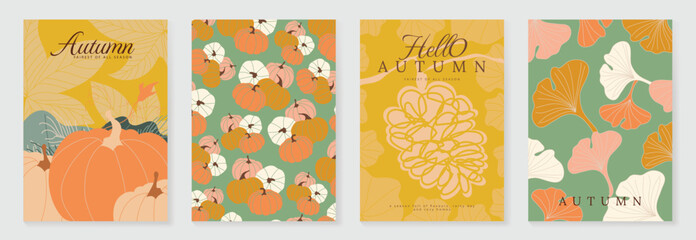 Obraz premium Autumn poster templates and patterns vector set. Seasonal fall illustrations with leaves, pumpkin, flowers and botanical elements for greeting card, cover, print, wall art and background.