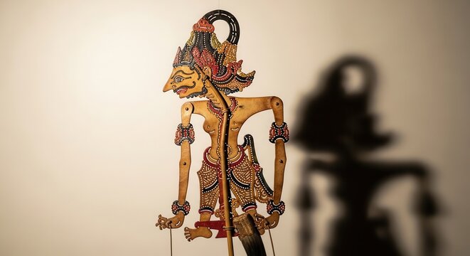 Traditional Wayang Kulit Shadow Puppet with Dramatic Shadow